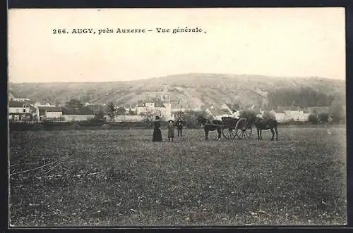 AK Augy /Auxerre, Vue générale avec chevaux et charrette dans un champ