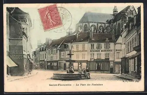 AK Saint-Florentin, La Place des Fontaines avec vue sur les commerces et l`église en arrière-plan