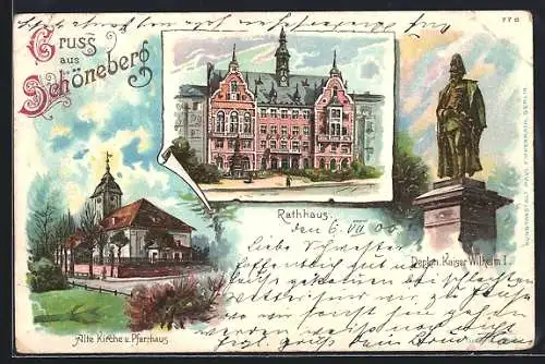 Lithographie Berlin-Schöneberg, Rathhaus, Denkm. Kaiser Wilhelm I., Alte Kirche u. Pfarrhaus
