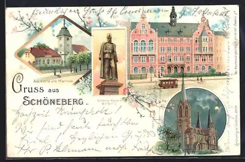 Lithographie Berlin-Schöneberg, alte Kirche und Pfarrhaus, Rathaus, Kaiser Wilhelm I. Denkmal