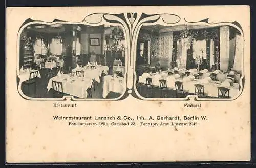 AK Berlin, Weinrestaurant Lanzsch & Co., Potsdamerstr. 123 b, Carlsbad 33, Innenansichten Restaurant und Festsaal