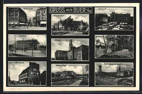 AK Buer i. W., Zeche Bergmannsglück, Rathaus, Schloss Berge, Hochstrasse