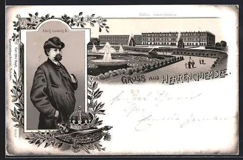 Lithographie Herrenchiemsee, Schloss Herrenchiemsee, König Ludwig II