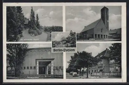 AK Berlin-Dahlem, Kirche, Harnack-Haus, Drogerie am Thielplatz, Im schwarzen Grund