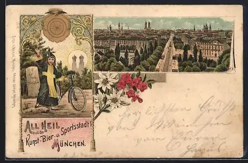 Lithographie München, Kunst-, Bier- und Sportstadt, Stadtpanorama, Münchner Kindl
