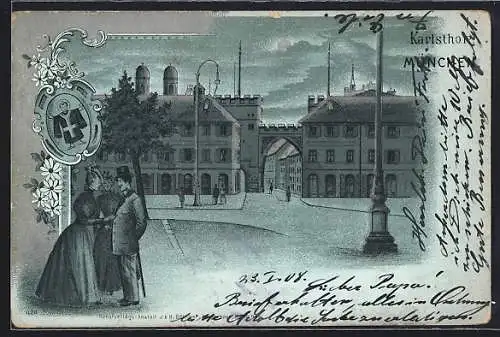 Mondschein-Lithographie München, Karlsthor, Strassenszene