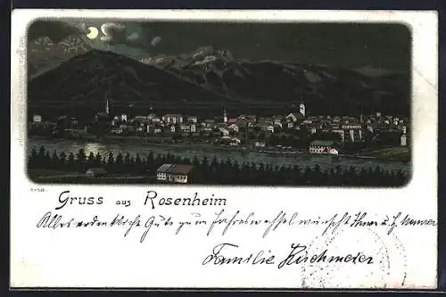 Lithographie Rosenheim / Bayern, Stadtansicht bei Nacht