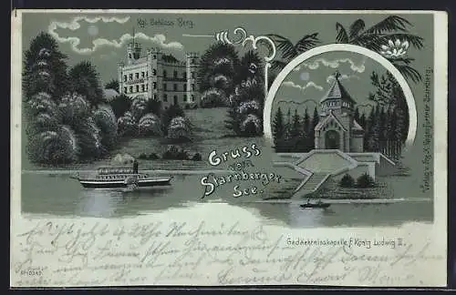 Lithographie Berg / Starnberger See, Kgl. Schloss Berg, Gedächtniskapelle König Ludwig II., Dampfschiff