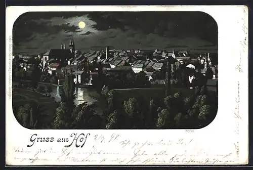 Lithographie Hof / Bayern, Stadtansicht bei Nacht