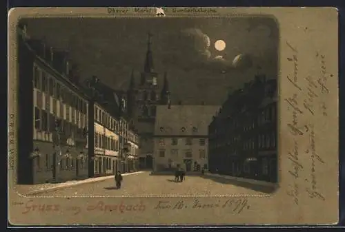 Mondschein-Lithographie Ansbach, Oberer Markt, Gumbertuskirche