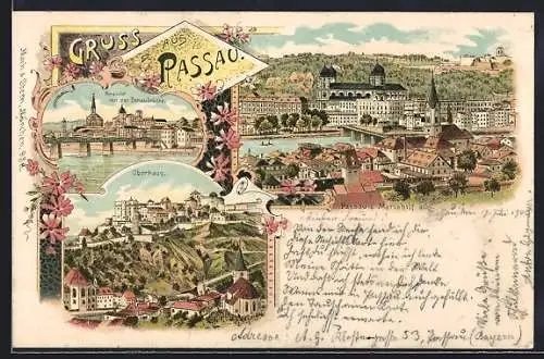 Lithographie Passau, Ansicht von der Donauseite, Oberhaus, Mariahilf