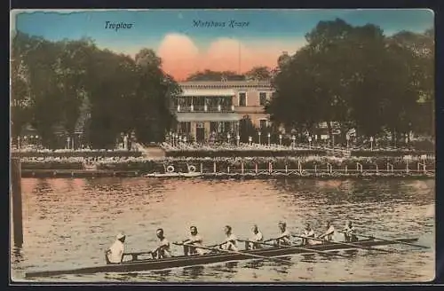 AK Treptow, Wirtshaus Knape, Ruderer auf dem Fluss