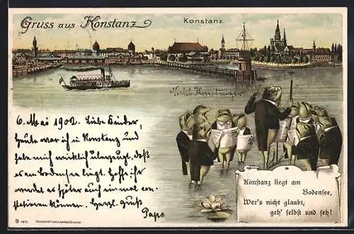 Lithographie Konstanz, Stadtansicht, Bodensee, singende Froschgruppe