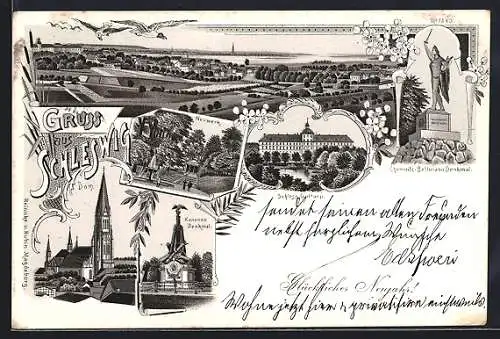 Lithographie Schleswig, Dom, Neuwerk, Kanonen-Denkmal, Schloss Gottarp