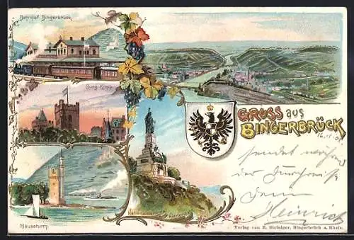 Lithographie Bingerbrück, Bahnhof, Burg Klopp, Mäuseturm, Niederwalddenkmal