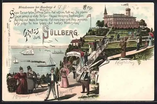 Lithographie Blankenese bei Hamburg, Süllberg, Restaurant, Spaziergänger