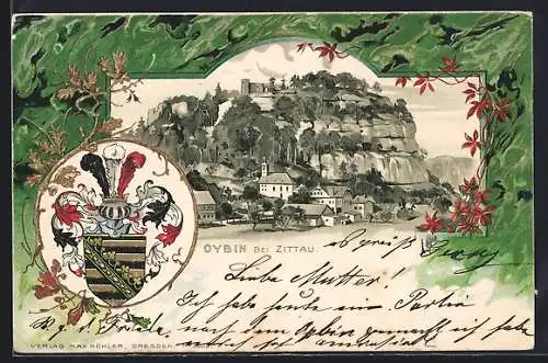 Passepartout-Lithographie Oybin bei Zittau, Burg und Klosterruine, Wappen