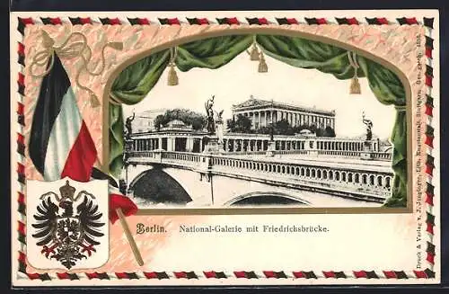 Passepartout-Lithographie Berlin, National-Galerie, Friedrichsbrücke, Wappen und Reichsfahne