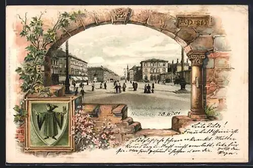 Passepartout-Lithographie München, Odeonsplatz und Ludwigstrasse, Wappen