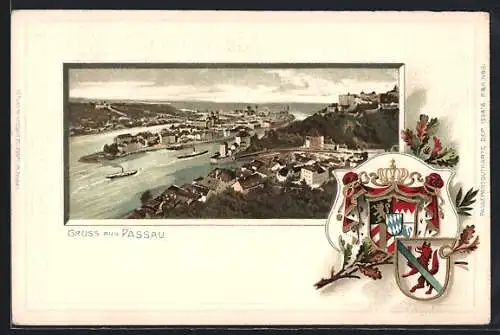 Passepartout-Lithographie Passau, Stadtansicht mit Wappen
