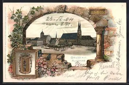 Passepartout-Lithographie Altötting, Stadtplatz mit Wappen