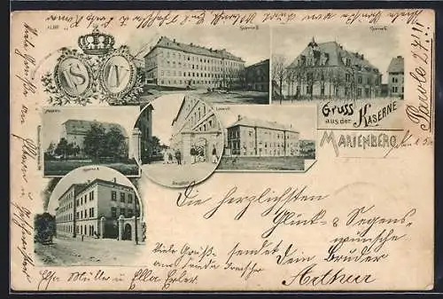 Lithographie Marienberg / Sa., Kaserne, Lazarett, Haupttor, Magazin