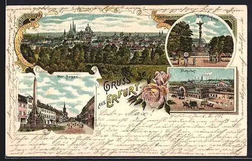 Lithographie Erfurt, Anger, Bahnhof, Kriegerdenkmal