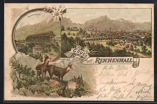 Lithographie Reichenhall, Gradierhaus, Gämsen, Alpenpanorama