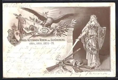 Lithographie Schöneberg, Kriegs-Veteranen-Verein, Adler, Germania-Figur