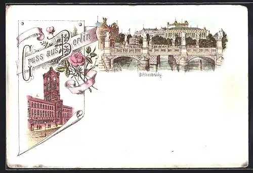 Lithographie Berlin, Rotes Rathaus, Schlossbrücke