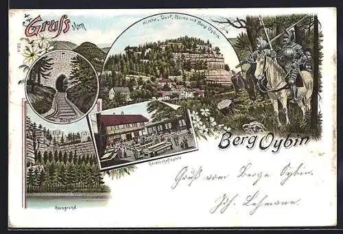 Lithographie Oybin, Gasthaus, Hausgrund, Berg Oybin, Burgthor