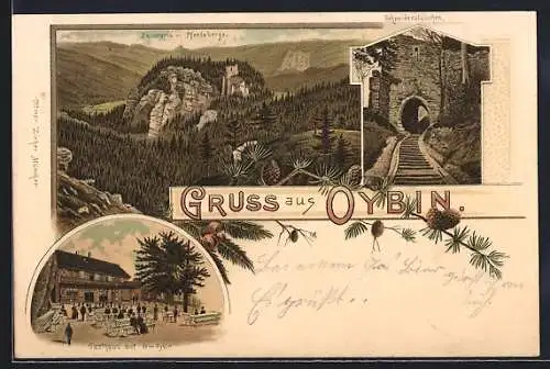 Lithographie Oybin, Gasthaus auf dem Oybin, Aussicht v. Pferdeberge, Schneiderstübchen
