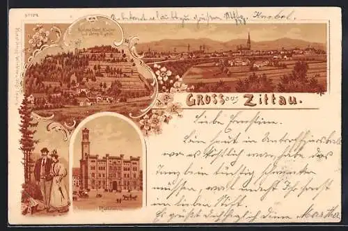 Lithographie Zittau, Panorama, Ruine mit Berg Oybin, Rathaus