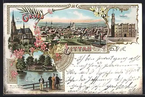 Lithographie Zittau, Kath. Kirche, Rathaus, Weinau-Restaurant mit Teich
