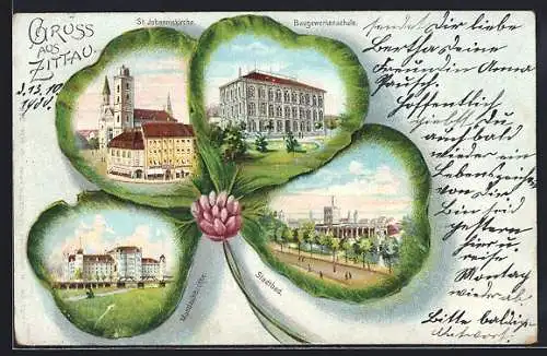 Passepartout-Lithographie Zittau, St. Johanniskirche, Baugewerkschule, Stadtbad, Mandaukaserne