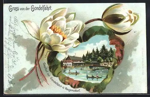 Passepartout-Lithographie Neujonsdorf, Gasthof zur Gondelfahrt, Gondelteich, Seerose