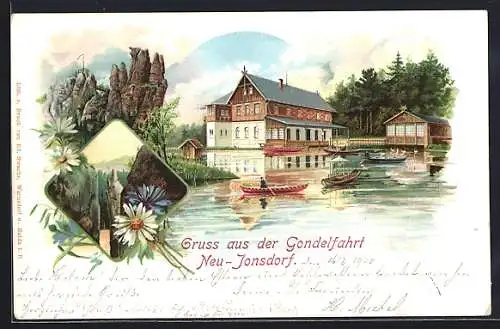 Lithographie Neu-Jonsdorf, Gasthaus zur Gondelfahrt am See