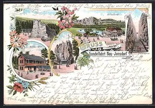 Lithographie Neu-Jonsdorf, Gasthaus zur Gondelfahrt, Nonnenfelsen, Felsengasse
