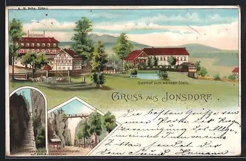 Lithographie Jonsdorf, Gasthof zum weissen Stein, Felsengasse und Nonnenfelsen