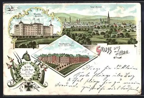 Lithographie Zittau, Mandau-Kaserne, Neue Kaserne, Kgl. Sächs. 3. Inftr. Regt. 102 Prinz-Reg. Luitpold v. Bayern
