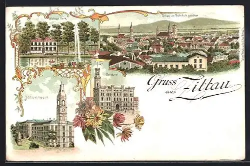 Lithographie Zittau, Rathaus, Johanneum, Restaurant Weinau-Park