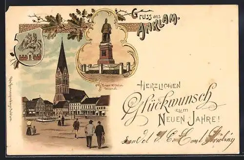 Lithographie Anklam, Markt und Kirche, Krieger-Wilhelm-Denkmal