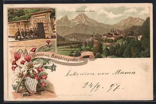 Lithographie Berchtesgaden, Salzbergwerk, Watzmann, Ortsansicht