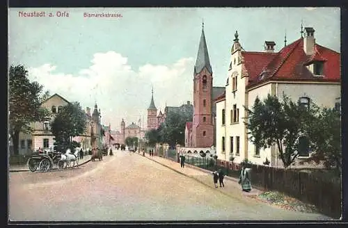 AK Neustadt a. Orla, Bismarckstrasse, Kirche, Wohnhäuser