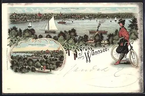 Lithographie Berlin-Wannsee, Westliches und nördliches Ufer, Panorama vom Aussichtsturm