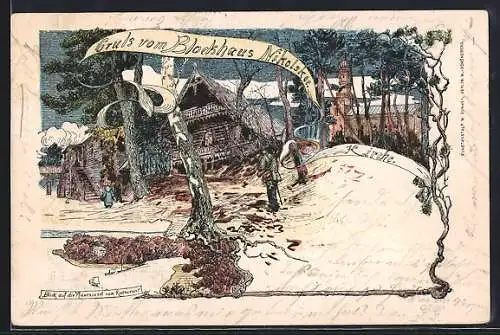 Künstler-AK Berlin-Wannsee, Nikolskoe, Blockhaus und Kirche