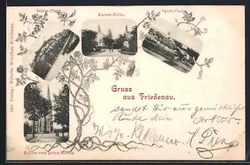 AK Berlin-Friedenau, Dürer-Platz, Kaiser-Eiche, Kirche zum guten Hirten