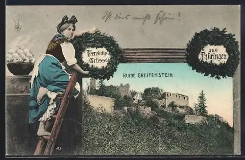 AK Greifenstein /Thüringen, Ruine Greifenstein, Passepartout mit Dame in Tracht