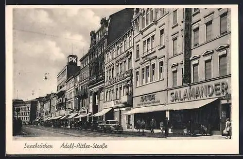 AK Saarbrücken, Strasse, Geschäftshäuser, Salamander