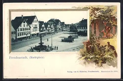 Passepartout-Lithographie Freudenstadt, Marktplatz, Rehe im Wald